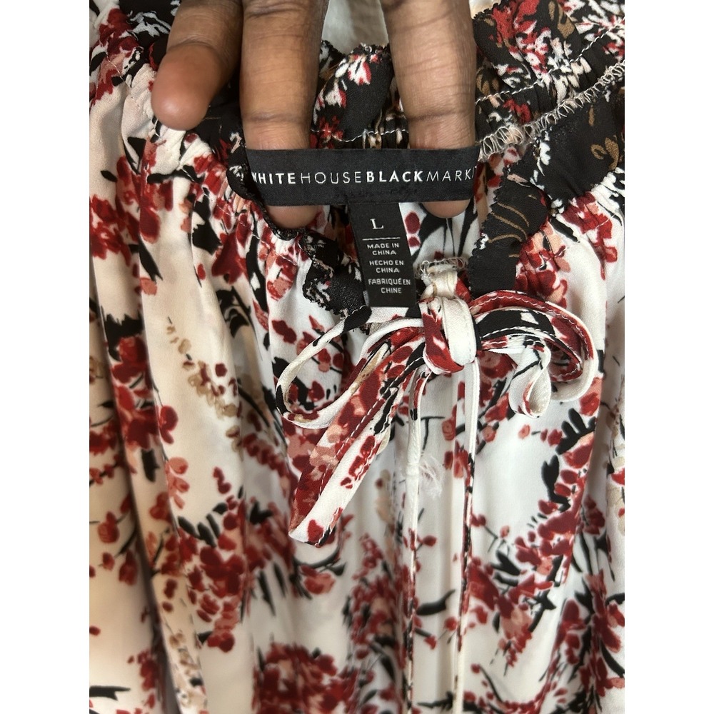 White House Black Market Floral Peasant Blouse Size L Red Black Tiered Boho Top - Picture 3 of 8